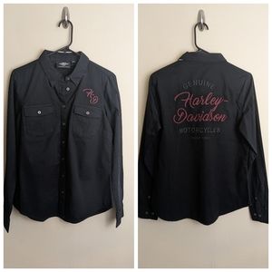 Harley Davidson women's black embroidered logo script button down twill shirt